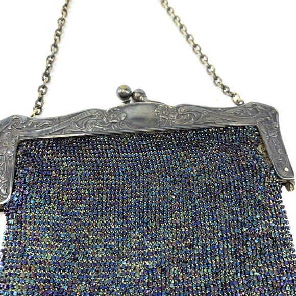 Antique Purse German Silver AB Seed Bead Handbag Fringe Link Chain Kiss Lock - Picture 3 of 9